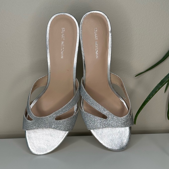Stuart Weitzman Silver Glitter Mule Heels Size 11 | Party Wedding Shoe - Picture 7 of 13
